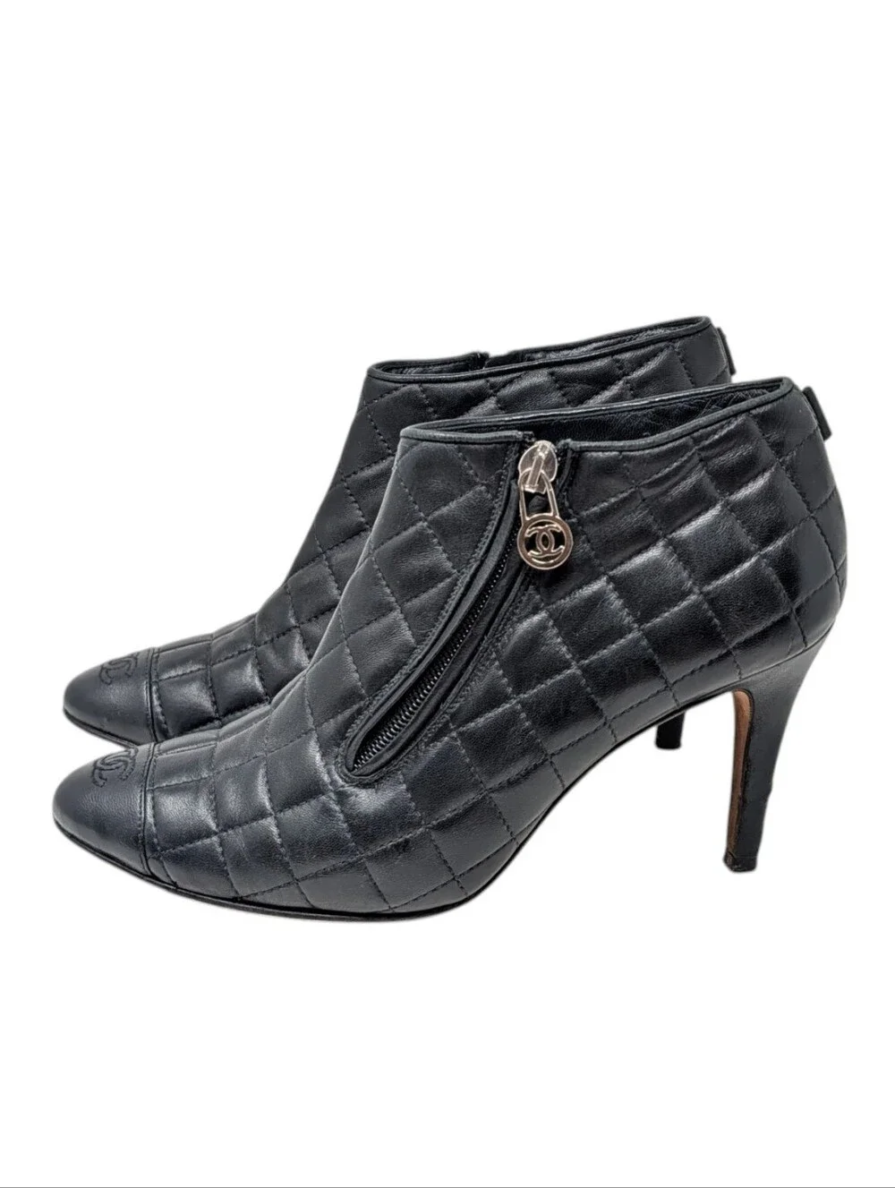 Chanel Black Quilted Leather Interlocking CC Heeled Bootie Boot Size EU 39